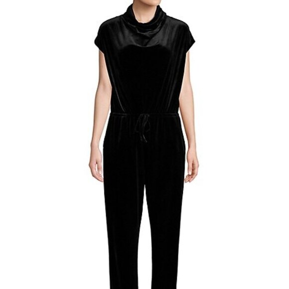 Halston Short-Sleeve Black Velvet Jumpsuit Cowlneckk XL - Picture 1 of 4